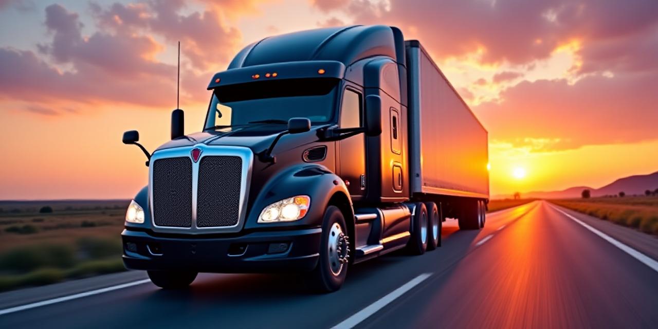 Modern logistics semi-truck on a sunset highway