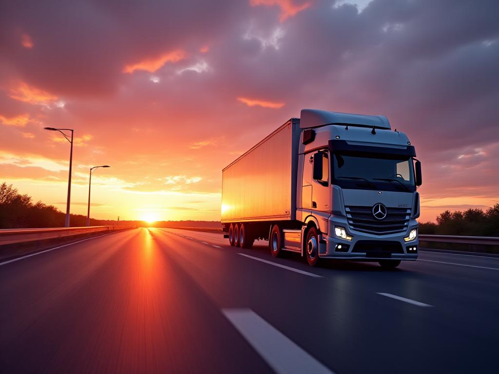 Modern freight truck in transit during sunset