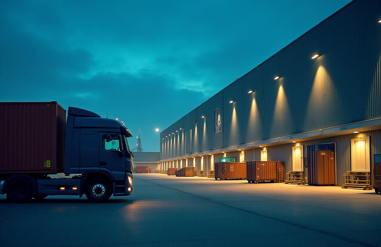 Modern logistics cargo terminal at dusk